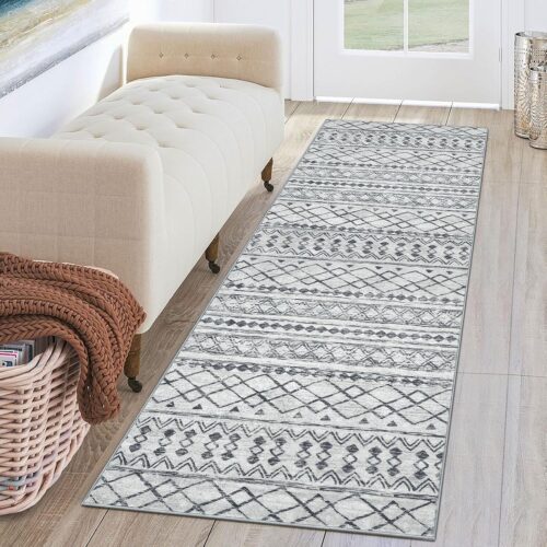 KUTA Moroccan Washable Hallway Runner Rug, 2×6 Non-Slip Vintage Grey Boho Rugs Kitchen Runners Ultra Soft Distressed Geometric Floor Carpet for Bedroom Laundry Living Room