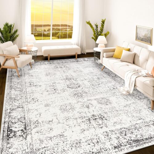Istana 8×10 Rug – White Cream/Grey Area Rug – Foldable Boho Rugs for Living Room 8×10 – Stain Resistant Modern Area Rugs 8×10 – Living Room Area Rugs 8×10 – Eco-Friendly Boho Washable Rug