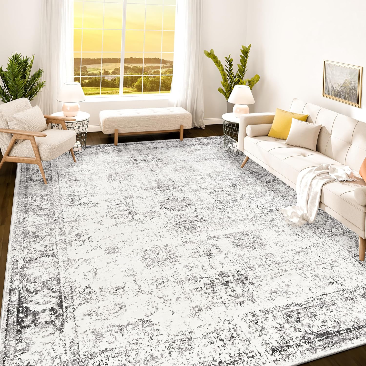 Istana 8x10 Rug – White Cream/Grey Area Rug - Foldable Boho Rugs for Living Room 8x10 - Stain Resistant Modern Area Rugs 8x10 - Living Room Area Rugs 8x10 - Eco-Friendly Boho Washable Rug