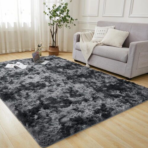 Andency 4×6 Shag Area Rug for Living Room, Tie-Dyed Dark Grey Soft Fuzzy Plush Indoor Carpets for Bedroom, Non Skid Fluffy Faux Fur Rug for Room