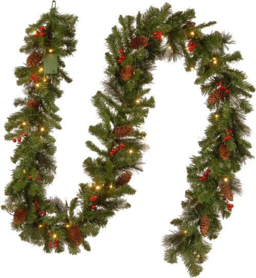National Tree Company Pre-Lit Artificial Christmas Garland, Green, Crestwood Spruce, White Lights, Decorated with Glitter, Pinecones, Berry Clusters, Battery Operated, Christmas Collection, 9 Feet