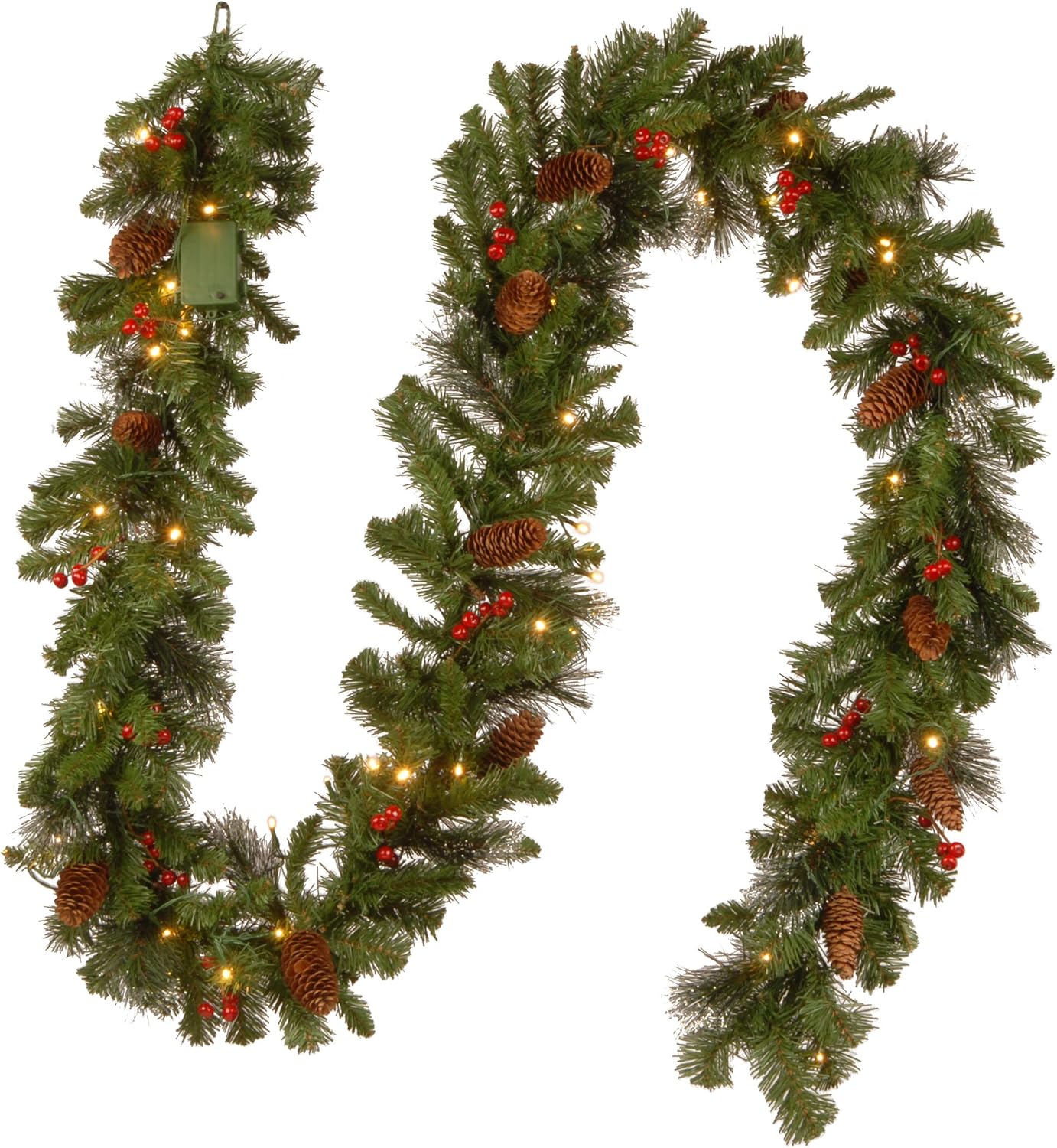 National Tree Company Pre-Lit Artificial Christmas Garland, Green, Crestwood Spruce, White Lights, Decorated with Glitter, Pinecones, Berry Clusters, Battery Operated, Christmas Collection, 9 Feet