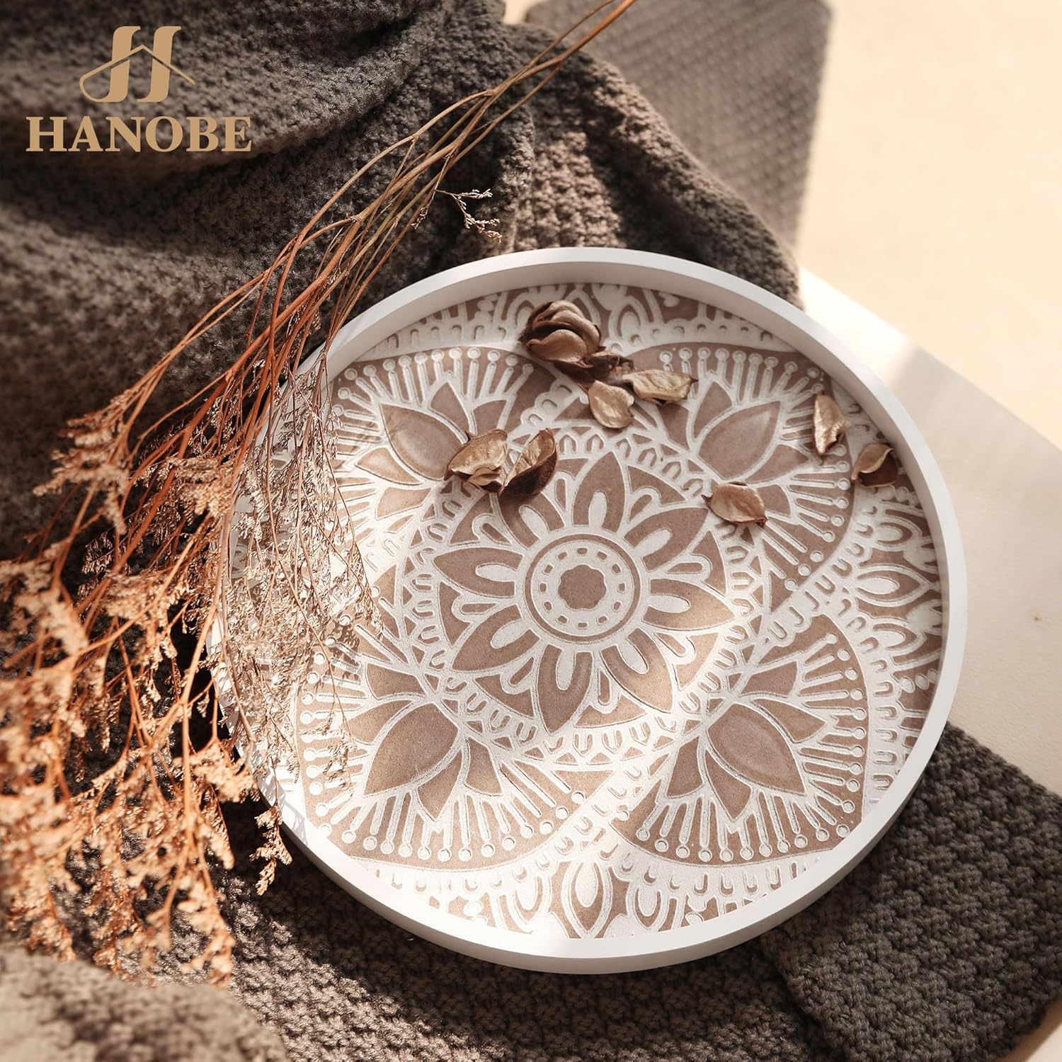 Hanobe Decorative Serving Tray Round: Farmhouse Coffee Table Tray for Ottoman Boho Wooden Centerpiece Rustic White Washed Mandala Home Decor Living Dining Room Kitchen Counter Display - Image 4