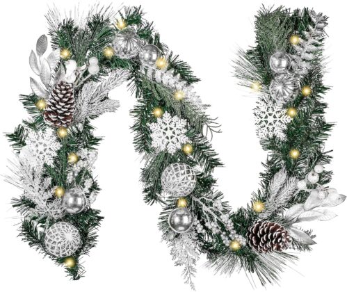Valery Madelyn 6 feet Pre-Lit Christmas Garland with Lights for Mantle, Lighted Battery Operated Xmas Garland with Silver White Balls Snowflake for Front Door Fireplace Table Centerpiece Outdoor Decor