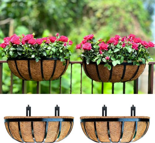 LaLaGreen Railing Planter Boxes Outdoor (2 Pack, 16 Inch) Black Metal Rectangular Flower Box with Coco Liner, Hanging Planters for Plants Deck Fence Balcony Patio Porch Modern Garden Decor Over Rail