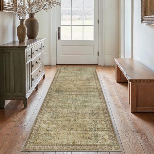 GENIMO 2×5 Hallway Runner Rug, Machine Washable Boho Vintage Runners Non Slip, Printed Thin Low Pile Lightweight Chenille Carpet Runner for Entryway, Kitchen, Bathroom, Bedroom, Taupe/Brown