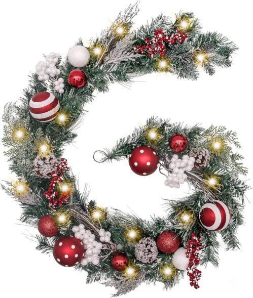 Valery Madelyn 6 feet Pre-Lit Christmas Garland with Lights for Mantle, Lighted Battery Operated Valentine’s Day Garland with Red White Balls for Front Door Fireplace Table Centerpiece Decor