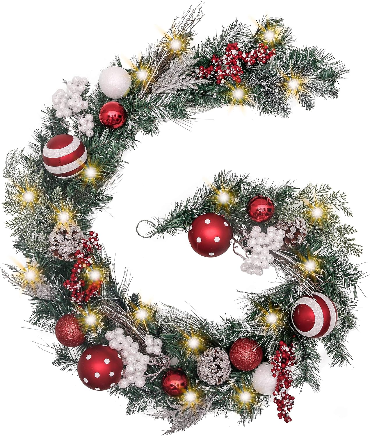 Valery Madelyn 6 feet Pre-Lit Christmas Garland with Lights for Mantle, Lighted Battery Operated Valentine's Day Garland with Red White Balls for Front Door Fireplace Table Centerpiece Decor