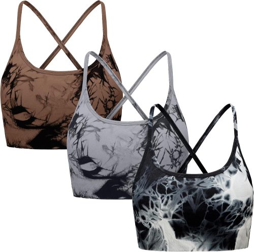 OVESPORT 3 Piece Women’s Workout Sports Bras Seamless Tie-dye Strappy Gym Yoga Crop Bra