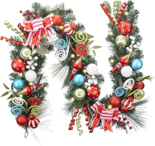 Valery Madelyn 6 feet Pre-Lit Christmas Garland with Lights for Mantle, Lighted Battery Operated Elf Xmas Garland with Red Green Balls for Front Door Fireplace Table Centerpiece Outdoor Home Decor