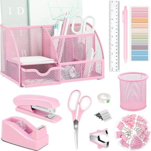 Pink Office Desk Accessories Supplies, 12pcs Desk Organizers and Accessories with Tape dispenser and Stapler,Staples,Staple Remover,Pen Holder,Scissor,Ruler,Sticky Tabs,Tape,Ballpoint Pen,Clips Set