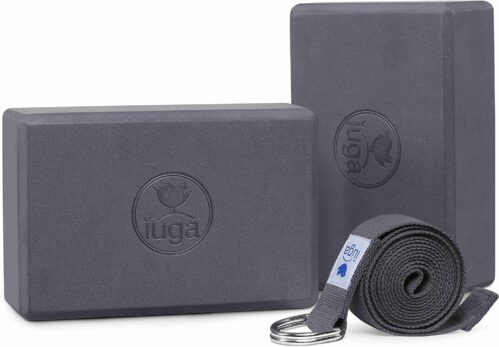 IUGA Yoga Blocks 2 Pack With Strap Non Slip High Density 9″x6″x3″ Solid & Cork Yoga Block With Yoga Strap to Improve Strength Balance for Yoga Pilates Meditation