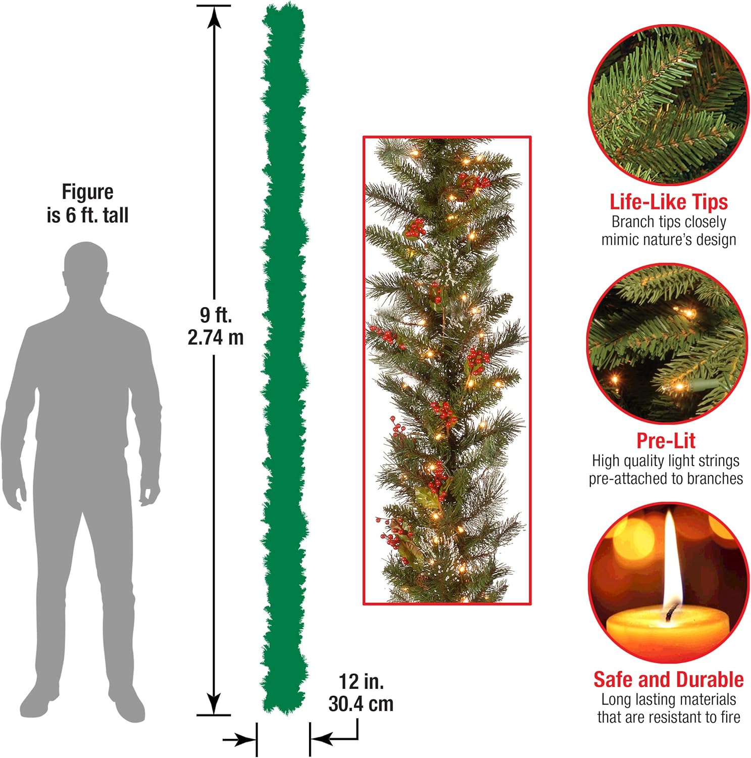 National Tree Company Pre-Lit Artificial Christmas Garland, Green, Wintry Pine, White Lights, Decorated with Pine Cones, Berry Clusters, Plug In, Christmas Collection, 9 Feet - Image 3