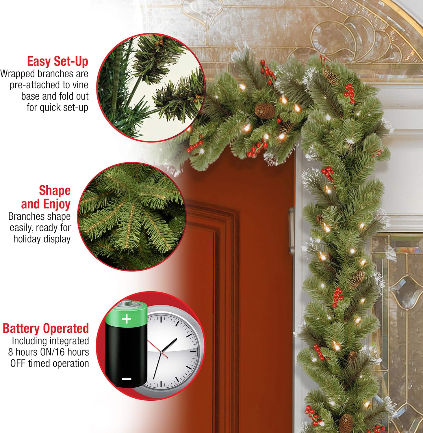 National Tree Company Pre-Lit Artificial Christmas Garland, Green, Crestwood Spruce, White Lights, Decorated with Glitter, Pinecones, Berry Clusters, Battery Operated, Christmas Collection, 9 Feet - Image 6