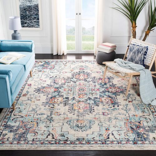SAFAVIEH Madison Collection Area Rug – 9′ x 12′, Cream & Blue, Boho Chic Medallion Distressed Design, Non-Shedding & Easy Care, Ideal for High Traffic Areas in Living Room, Bedroom (MAD473B)