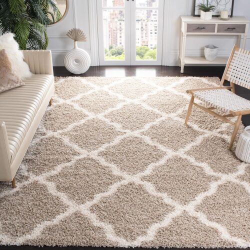 SAFAVIEH Dallas Shag Collection Area Rug – 8′ x 10′, Beige & Ivory, Trellis Design, Non-Shedding & Easy Care, 1.5-inch Thick Ideal for High Traffic Areas in Living Room, Bedroom (SGD257D)