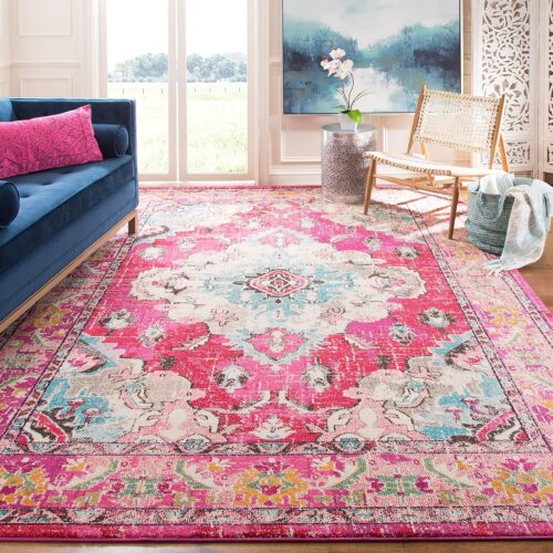 SAFAVIEH Monaco Collection Area Rug – 6’7″ Square, Pink & Multi, Boho Chic Medallion Distressed Design, Non-Shedding & Easy Care, Ideal for High Traffic Areas in Living Room, Bedroom (MNC243D)