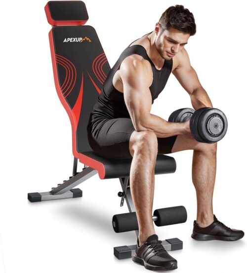 APEXUP Adjustable Weight Bench, 22.2lbs Foldable Workout Bench Press, Exercise Bench with Extended Head Support, Workout Bench for Home Gym Dumbbell Exercise, Incline Decline, Full Body Workout