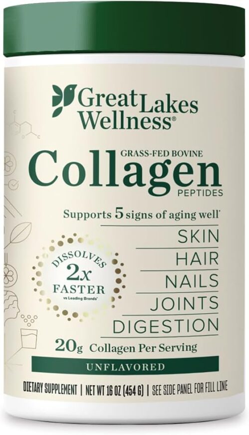 Great Lakes Wellness Collagen Peptides Powder for Skin, Hair, Nails, Joints & Digestion – Unflavored – Quick Dissolve Hydrolyzed, Non-GMO, Keto, Kosher – 16oz