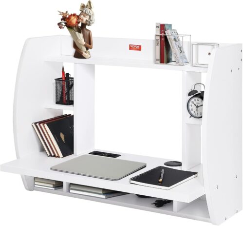 VEVOR Floating Wall Mount Computer Desk Socket and 70.9 in (1.8 m) Power Cord for Home Office, Space Saving with Storage Shelves and Cubby, White