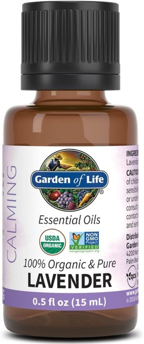 Garden of Life Essential Oil, Lavender 0.5 fl oz (15 mL), 100% USDA Organic & Pure, Clean, Undiluted & Non-GMO – for Diffuser, Aromatherapy, Meditation, Skincare, Sleep – Calming, Relaxing, Soothing