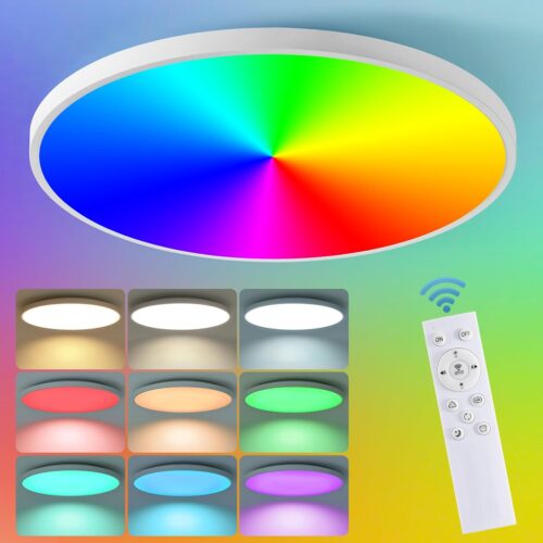 Smart Ceiling Light with Remote Control – 12Inch 30W Flush Mount Ceiling Light, RGB Color Changing Ambient Light for Bedroom, Kitchen, Dining Room, Basements