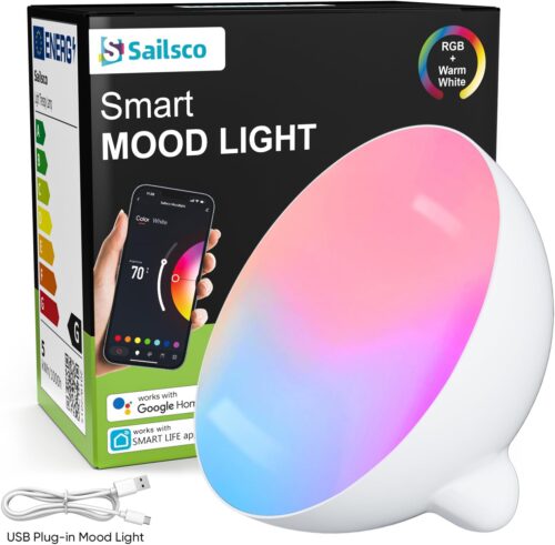 Smart Mood Lamp Work with Smart Life,WiFi Night Light,Desk Lamp,Dimmable RGBW Color Changing Lighting Night,Regulates Emotions Bedside Lamps,Mood Lighting,Portable Lamp 2.4GHz WiFi,1Pack