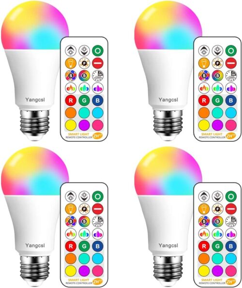LED Light Bulbs 85W Equivalent 1200lm, RGB Color Changing Light Bulb, 6 Moods – Memory – Sync – Dimmable, A19 E26 Screw Base, Timing Remote Control Included (Pack of 4)