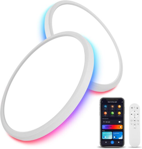 2 Pack Smart RGB LED Ceiling Light with Remote, 12″ WiFi Flush Mount Ceiling Light Works with Alexa & Google Home, 24W=2400LM Dimmable, DIY Colors & 2700K-6500K, for Bedroom Living Room