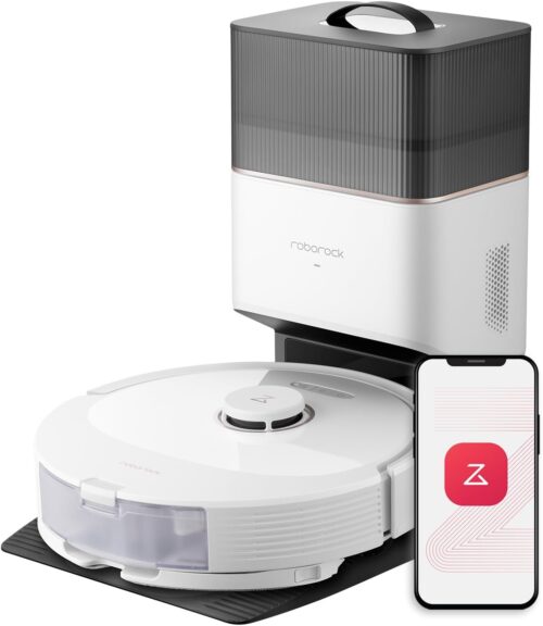 roborock Q8 Max+ Robot Vacuum and Mop, Self-Emptying, Hands-Free Cleaning for up to 7 Weeks, Reactive Tech Obstacle Avoidance, 5500 Pa Suction, DuoRoller Brush, APP-Controlled Mopping, White