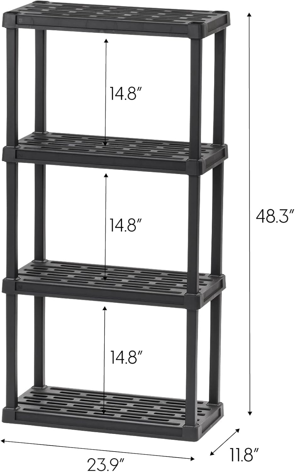 IRIS USA 4-Shelf Heavy Duty Plastic Storage Shelves, 160lb Capacity, 48"H x 24"W x 12"D, Medium Modular Shelving Unit Storage Organizer for Garage, Home, Bathroom & Laundry, Storage Rack - Black - Image 3