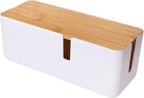 Changsuo Small Cable Management Box with Bamboo Lid for Extension Cord Power Stripe Surge Protector Wire Concealer Organizer Cover Hider (White)