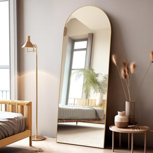 Floor Mirror, 58″×18″ Arched Full Length Mirror with Stand, Standing Mirror, Full Body Mirror, Large Mirror, Arched Wall Mirror, Freestanding, Aluminum Frame – Gold