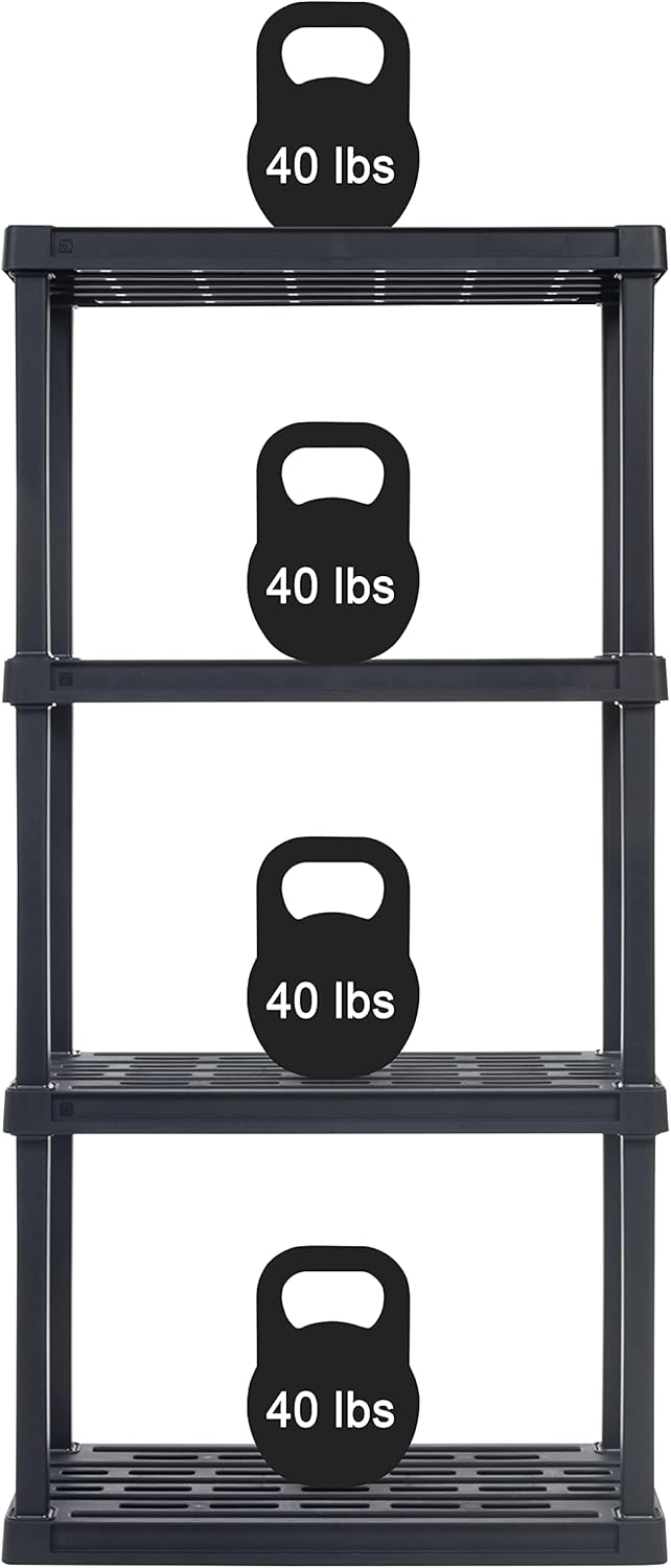 IRIS USA 4-Shelf Heavy Duty Plastic Storage Shelves, 160lb Capacity, 48"H x 24"W x 12"D, Medium Modular Shelving Unit Storage Organizer for Garage, Home, Bathroom & Laundry, Storage Rack - Black - Image 4