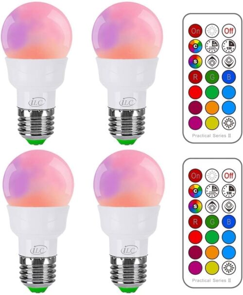 ILC RGB LED Light Bulb, Color Changing 40W Equivalent, Daylight White, 450LM Dimmable 5W E26 Screw Base RGBW, Mood Light Bulb – 12 Color Choices – Timing Infrared Remote Control Included (4 Pack)