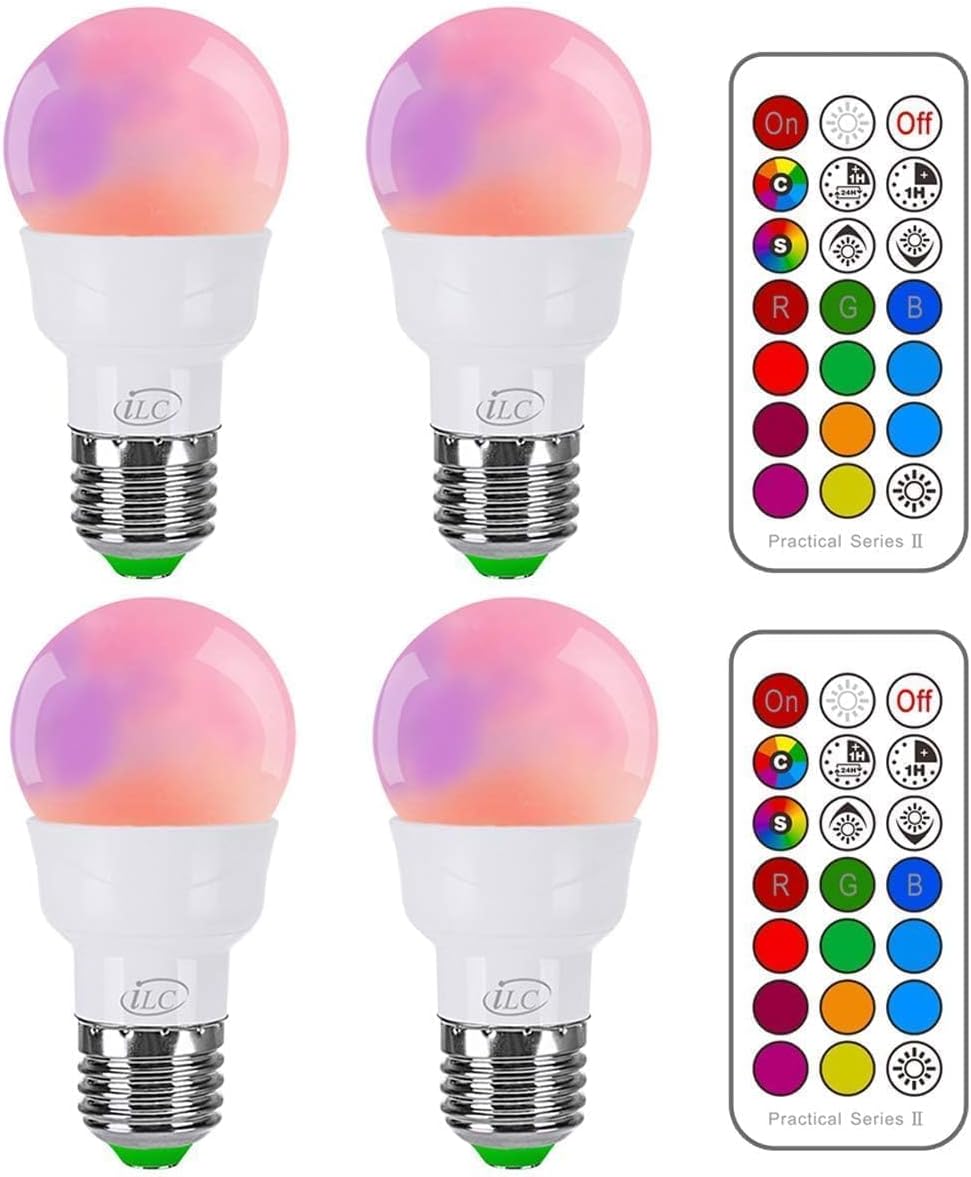 ILC RGB LED Light Bulb, Color Changing 40W Equivalent, Daylight White, 450LM Dimmable 5W E26 Screw Base RGBW, Mood Light Bulb - 12 Color Choices - Timing Infrared Remote Control Included (4 Pack)
