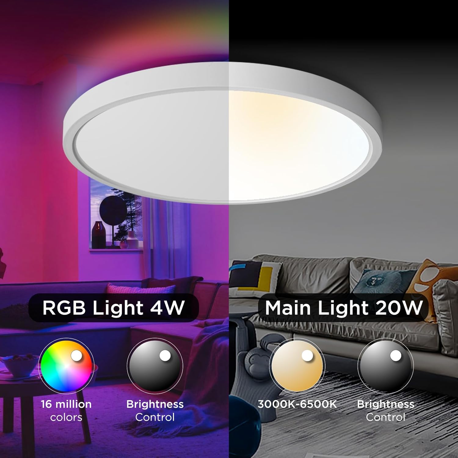 TALOYA Smart Ceiling Light Flush Mount LED WiFi,Compatible with Alexa Google Home,Dimmable Low Profile Ambient Light Fixture for Bedroom Living Room Hallway Kitchen Nursery,12 Inch,RGB - Image 4