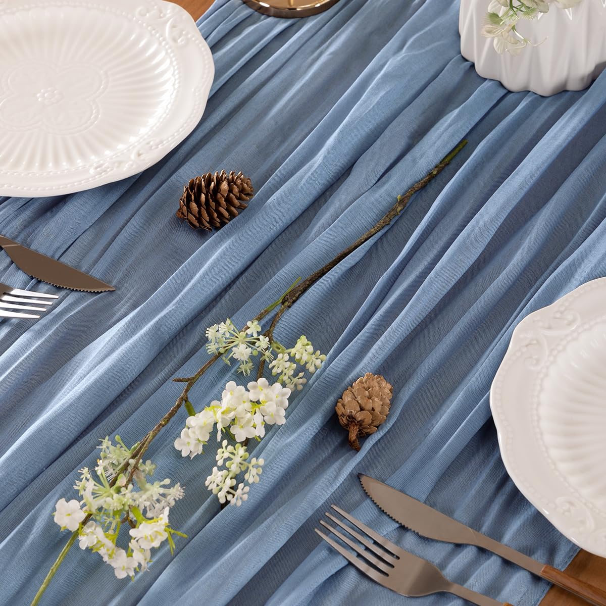 Dusty Blue Table Runner Cheesecloth Table Runner 10FT Rustic Spring Table Runner 35 x 122 Inches Boho Decoration for Home Wedding Baby Shower Birthday Party - Image 2