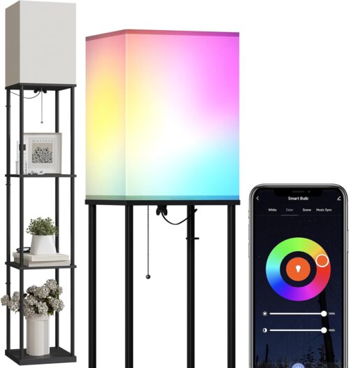 SUNMORY Floor Lamp with Shelves, Smart APP Control Standing Lamp with RGB Bulb, 4-Tier Dimmable Floor Lamps for Living Room, Tall Lamp for Bedroom, Office, Corner Display Bookshelf Lamp