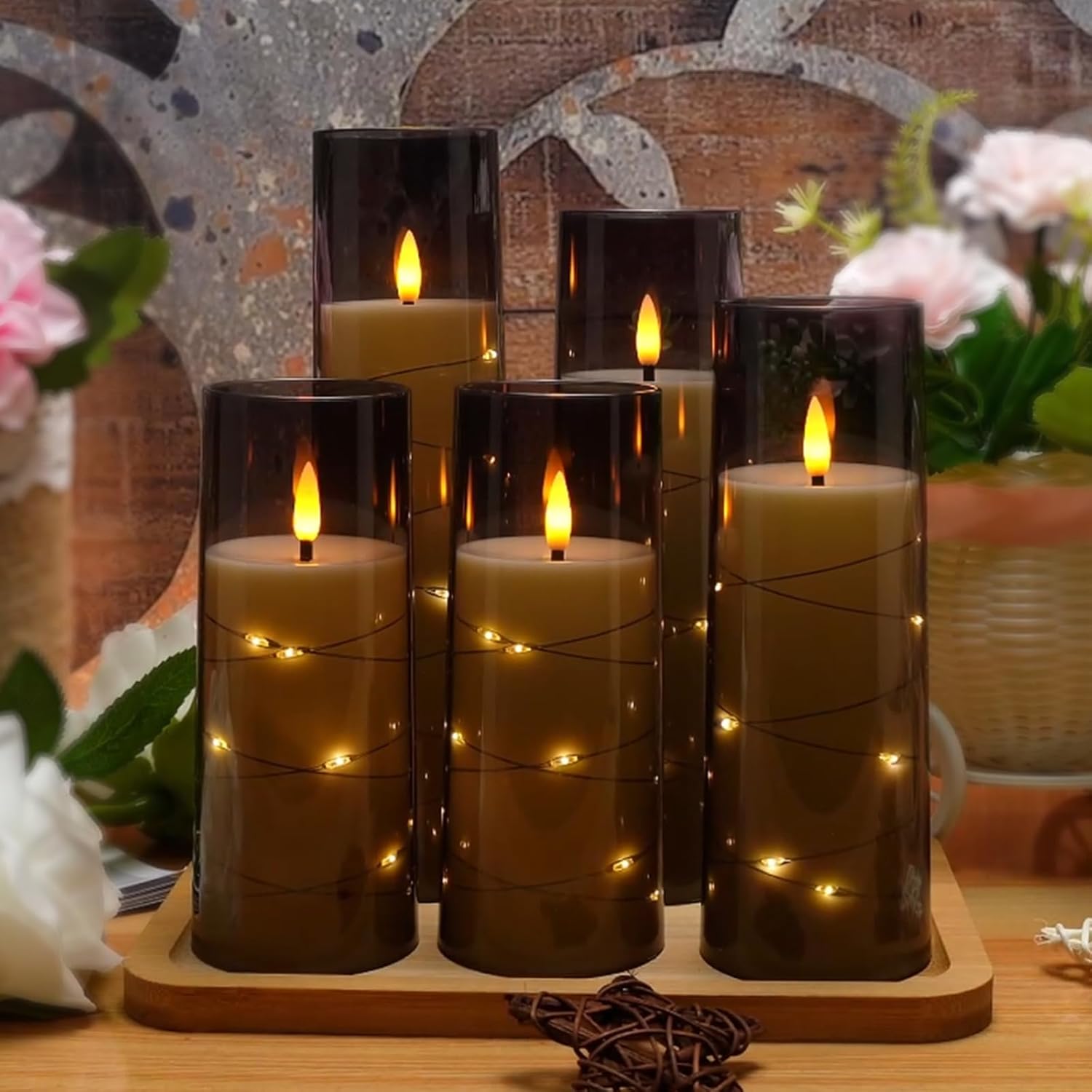 Flameless LED Candles with Timer 5 Pc Flickering Flameless Candles for Romantic Ambiance and Home Decoration Stable Acrylic Shell,with Embedded Star String,Battery Operated Candles(Grey) - Image 6