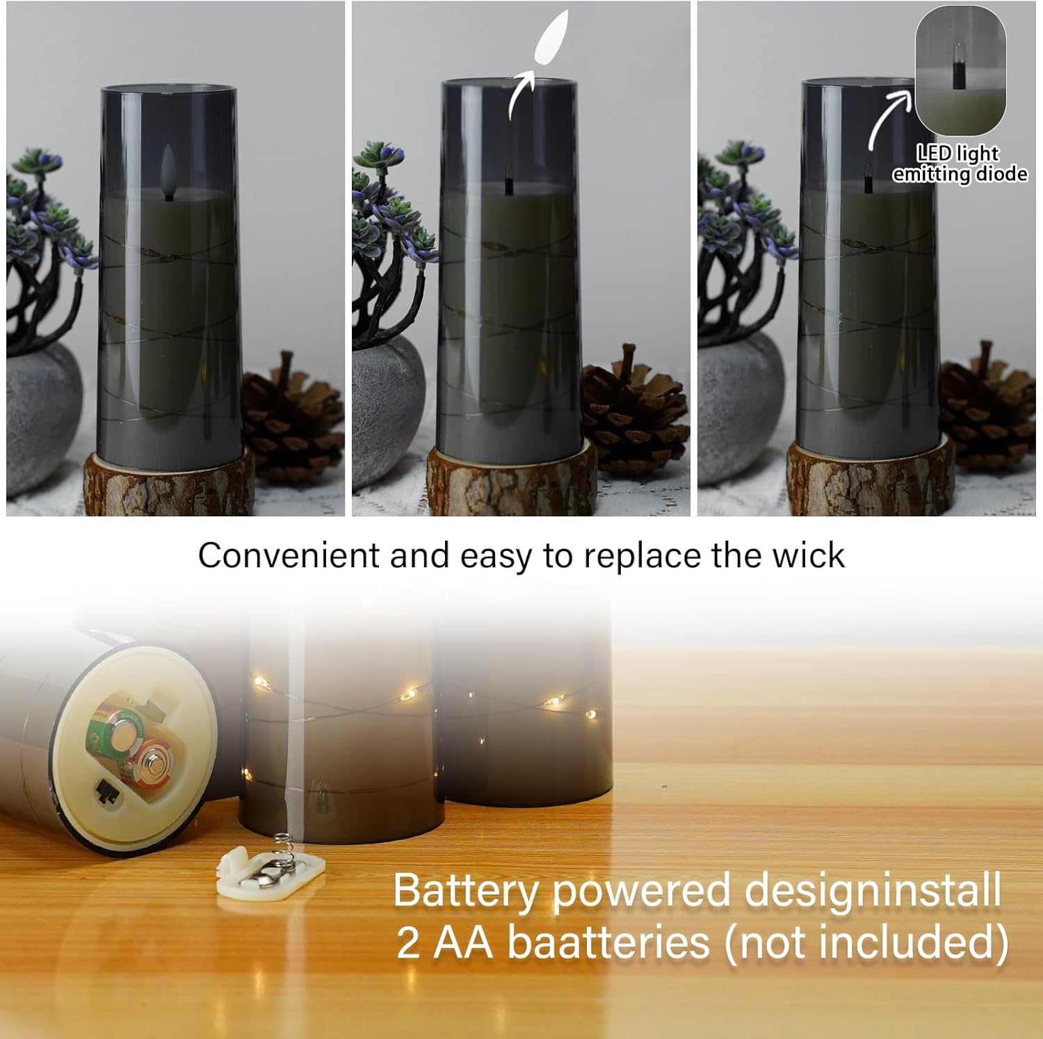 Flameless LED Candles with Timer 5 Pc Flickering Flameless Candles for Romantic Ambiance and Home Decoration Stable Acrylic Shell,with Embedded Star String,Battery Operated Candles(Grey) - Image 2