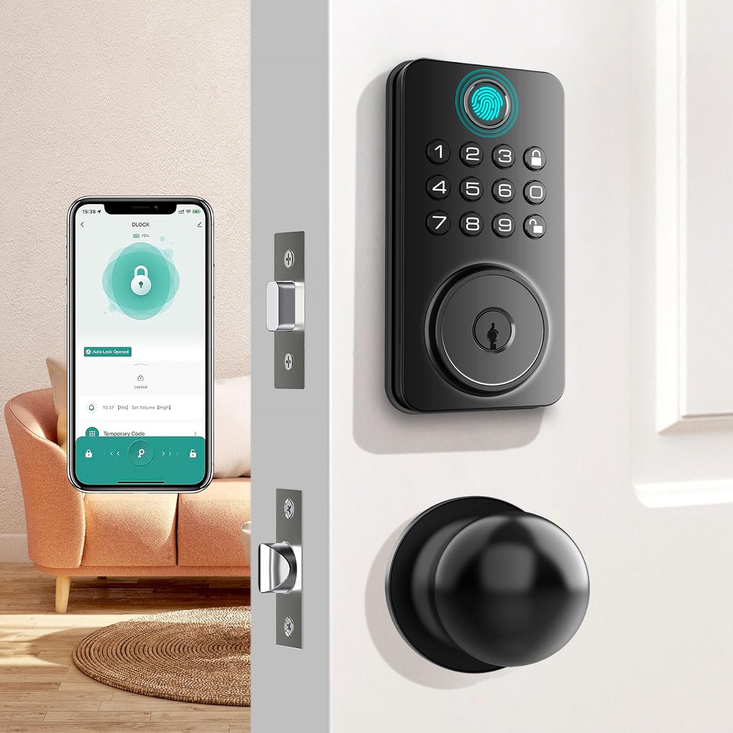 Fingerprint Door Lock Deadbolt with Handle Set – Smart Keyless Entry Lock with 5-in-1 Unlock, Keypad Lock with AutoLock, App Control – Easy DIY Installation for Home & Rental Security (Metal Black)