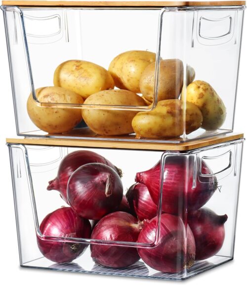 2 Set Pantry Organizer Storage Stackable Kitchen Laundry Organizers for Onion, Potato, Fruit, Produce, Vegetable Clear