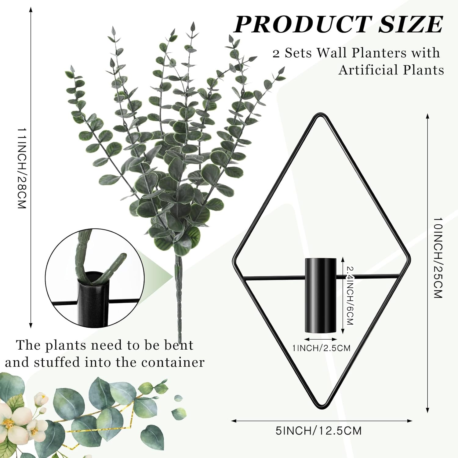 Jexine 2 Pcs Hanging Planters with Artificial Eucalyptus Metal Hanging Vase Indoor Plants Holder Modern Geometric Boho Wall Decor for Living Room Home Office(Black) - Image 2
