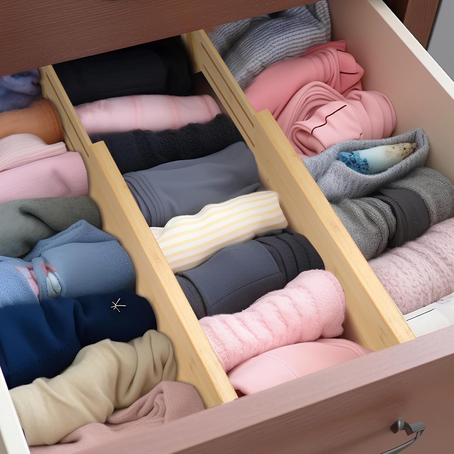 Fabsome Dresser Drawer Organizers 6 Pack, 4.65'' High Adjustable from 12.5-17‘’ Bamboo Drawer Dividers for Clothing Baby Clothes, Wooden Separators for Dresser Nursery Organization with Soft Foam Ends - Image 3
