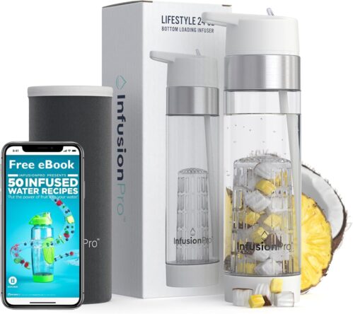 Infusion Pro Fruit Infuser Water Bottle with Straw Lid 24 oz : Flip-Up Straw : Insulated Sleeve & Fruit Infusion Water eBook : Bottom Loading Infuser for More Flavor – Cloud