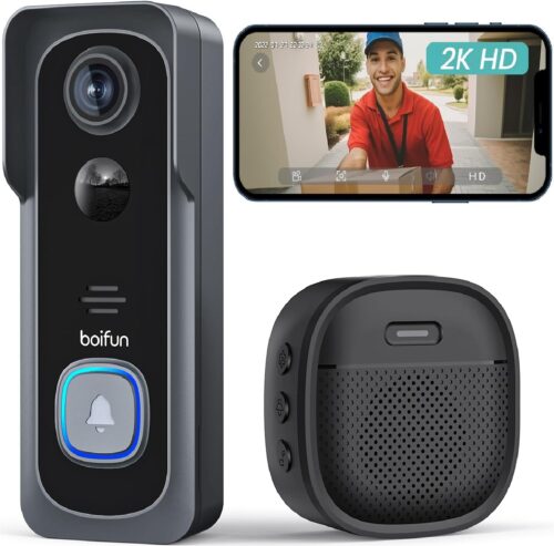 BOIFUN Wireless Doorbell Camera No Subscription with Chime – 166° Wide Angle View, 2K HD Video, Quick Wake Up & Motion Detection, 6700mAh Battery, Intelligent HDR Night Vision, Two-Way Audio