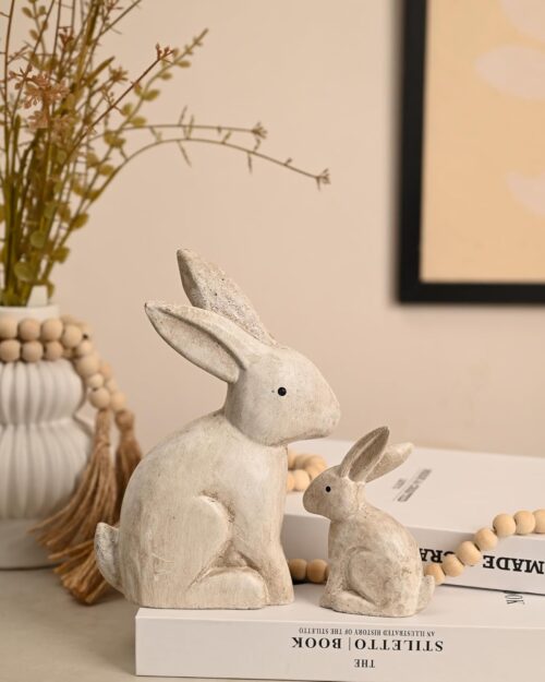 WONDROUS’ DECO Wooden Vintage White Easter Bunny Figurines, Small Decorative Bunny Statue Set of 2, Easter Rabbit Table Home Decoration, Gift