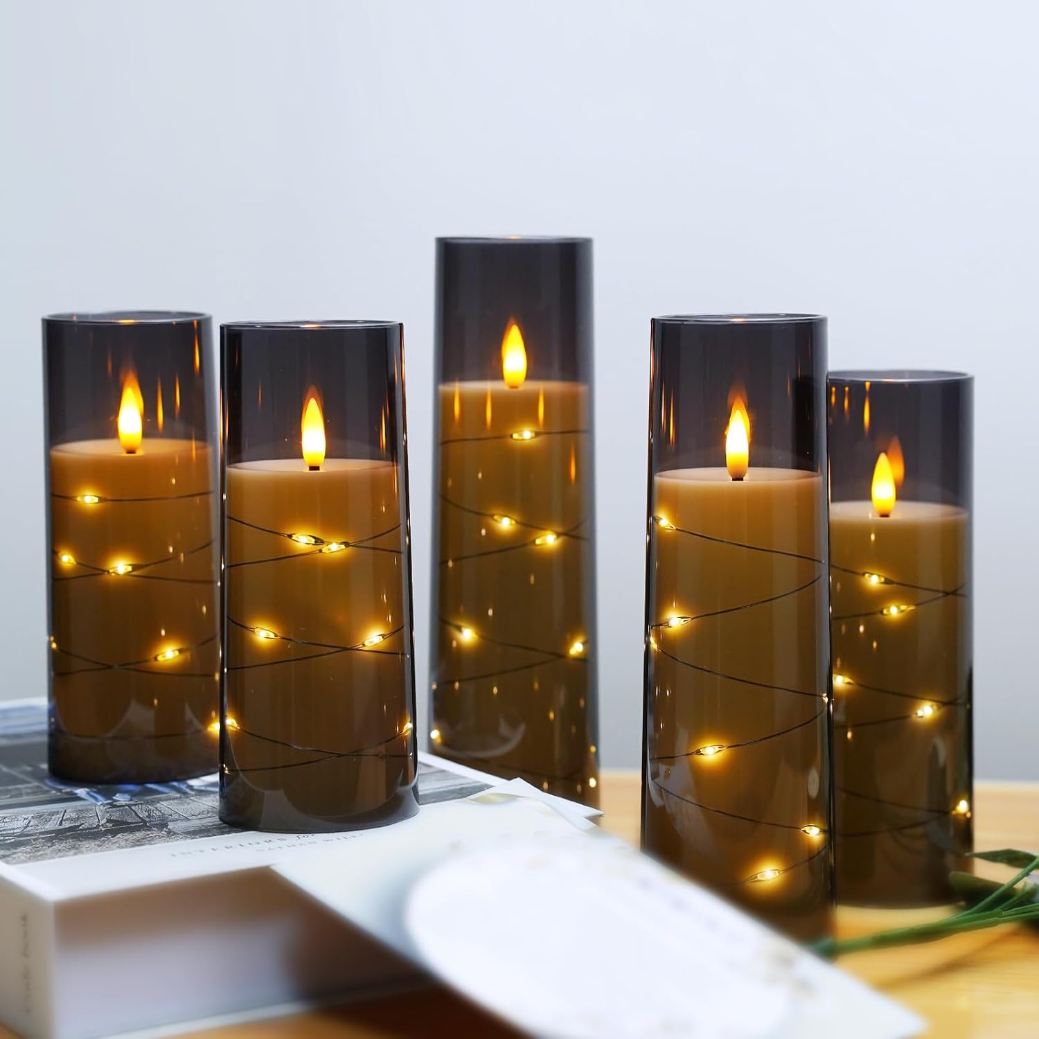 Flameless LED Candles with Timer 5 Pc Flickering Flameless Candles for Romantic Ambiance and Home Decoration Stable Acrylic Shell,with Embedded Star String,Battery Operated Candles(Grey) - Image 4