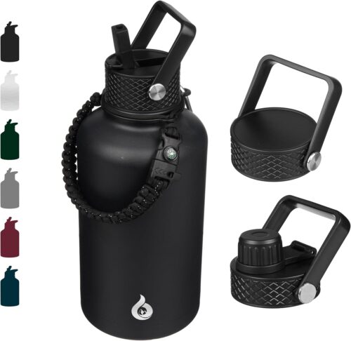 BJPKPK Half Gallon Insulated Water Bottles with Straw Lid, 64oz Large Water Jug, Stainless Steel Bottles with 3 Lids and Paracord Handle, Thermos for Hot & Cold Liquid, Black